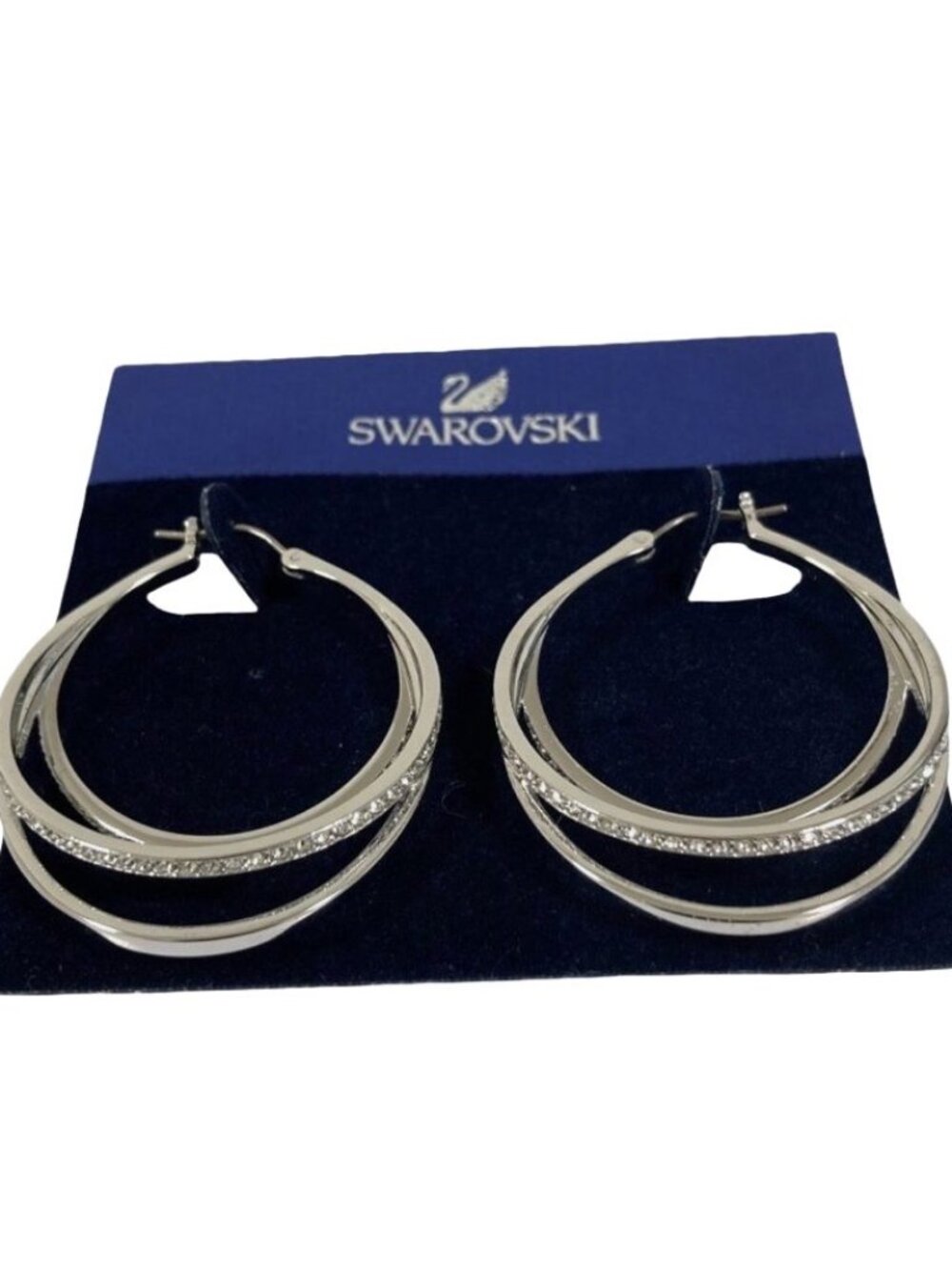Swarovski Crystal Rhinestone Triple Hoop Silver Earrings